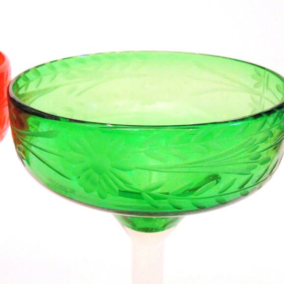 Hand Blown Margarita Glasses Set 2 Artisan Etched Green Red Holiday Stem Glass - Picture 2 of 6